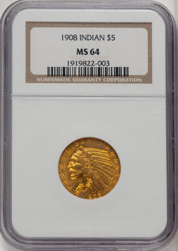 1908 $5 Indian Indian Half Eagle NGC MS64 (772556006)