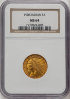 1908 $5 Indian Indian Half Eagle NGC MS64 (772556006)