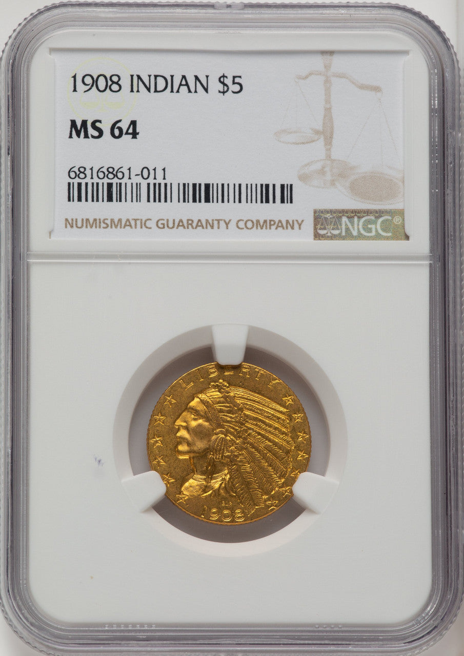 1908 $5 Indian Indian Half Eagle NGC MS64 (772556005)
