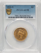 1860-S $3 Three Dollar Gold Pieces PCGS AU58