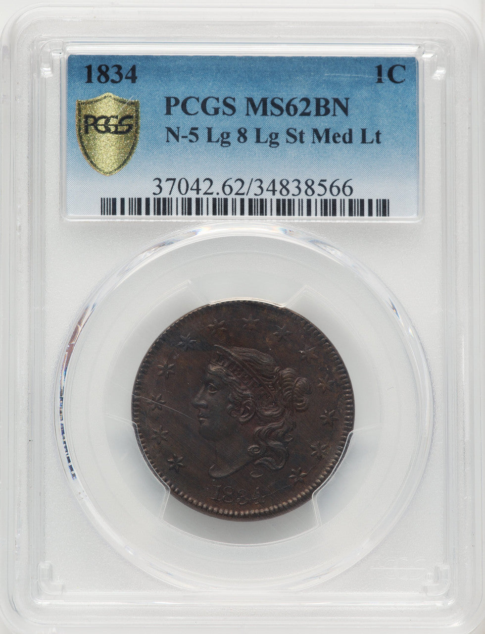 1834 1C Lg8 LgS ML BN Large Cent PCGS MS62