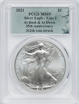 2021 American Silver Eagle Type 2 At Dusk & Dawn 35th Anniversary 312th PCGS MS69