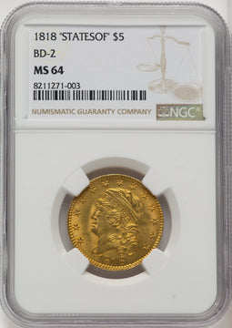 1818 $5 STATESOF Early Half Eagle NGC MS64