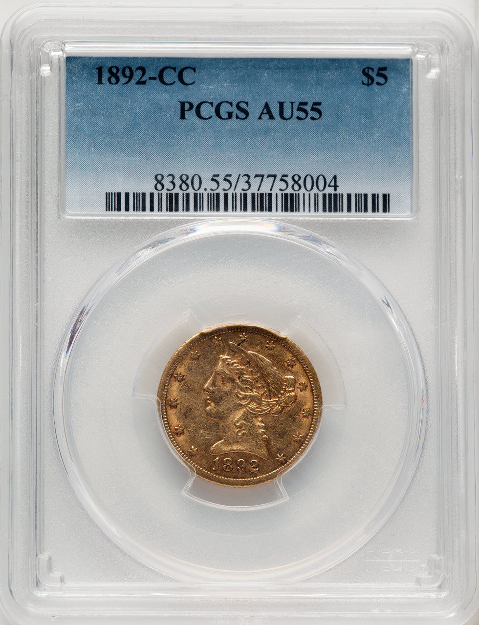 1892-CC $5 Liberty Half Eagle PCGS AU55