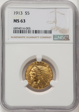 1913 $5 Brown Label Indian Half Eagle NGC MS63