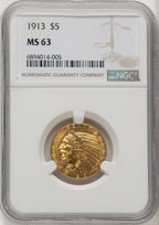 1913 $5 Brown Label Indian Half Eagle NGC MS63