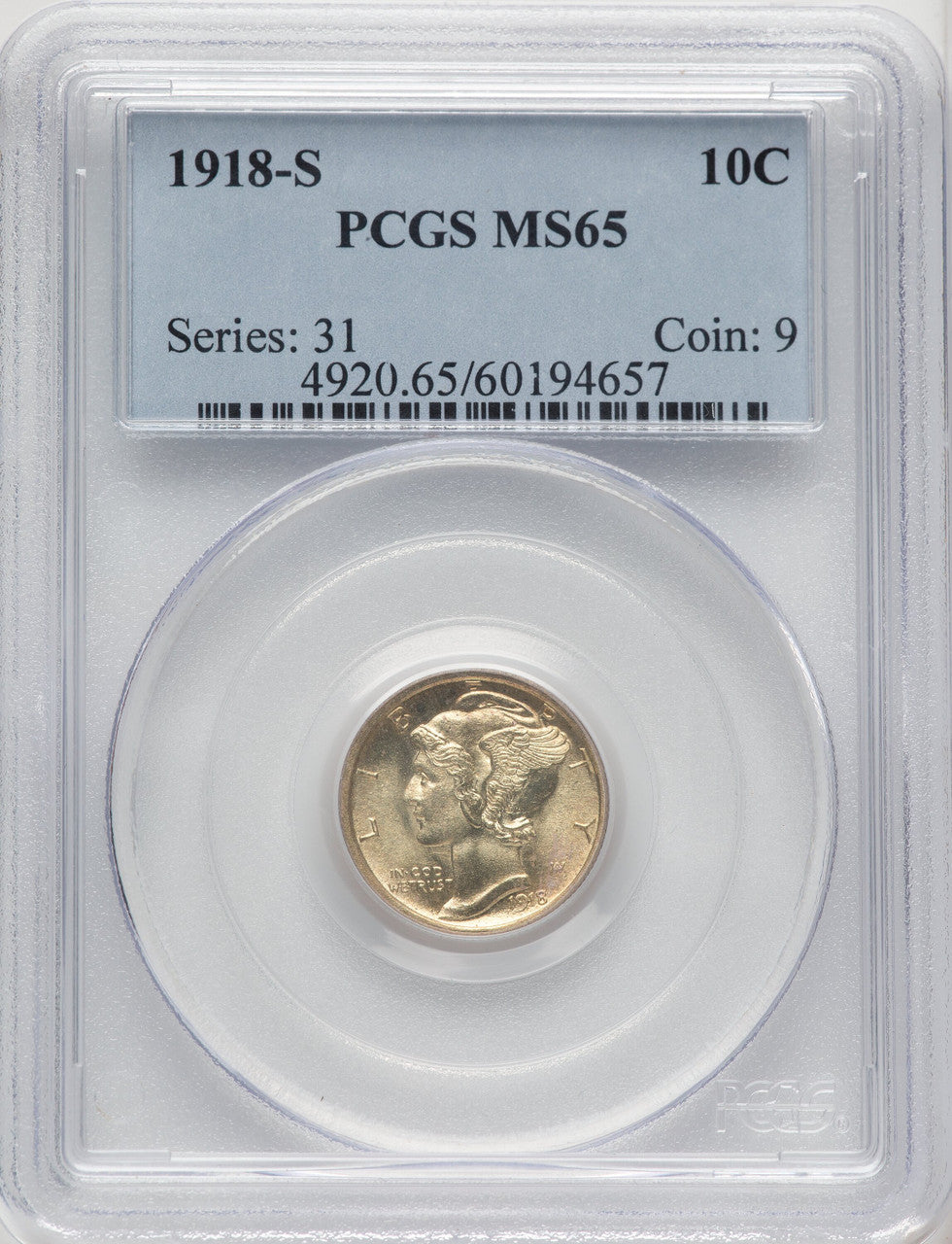 1918-S 10C Mercury Dime PCGS MS65