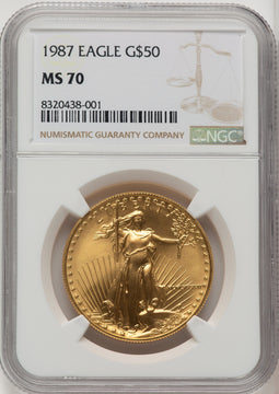 1987 $50 One-Ounce Gold Eagle Brown Label NGC MS70