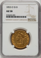 1853-O $10 Liberty Eagle NGC AU58