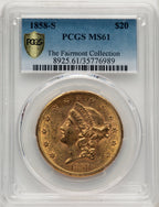 1858-S $20 Liberty Double Eagle PCGS MS61