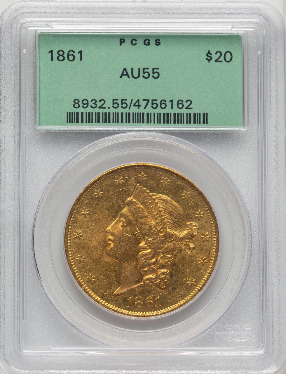 1861 $20 Liberty Double Eagle PCGS AU55