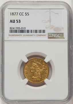 1877-CC $5 Liberty Half Eagle NGC AU53