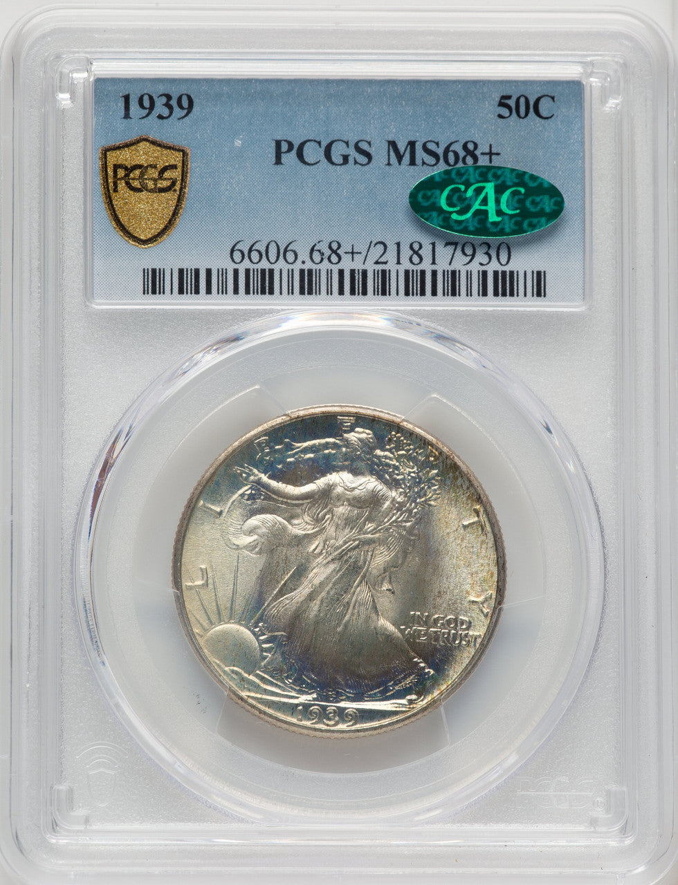 1939 50C CAC Walking Liberty Half Dollar PCGS MS68+