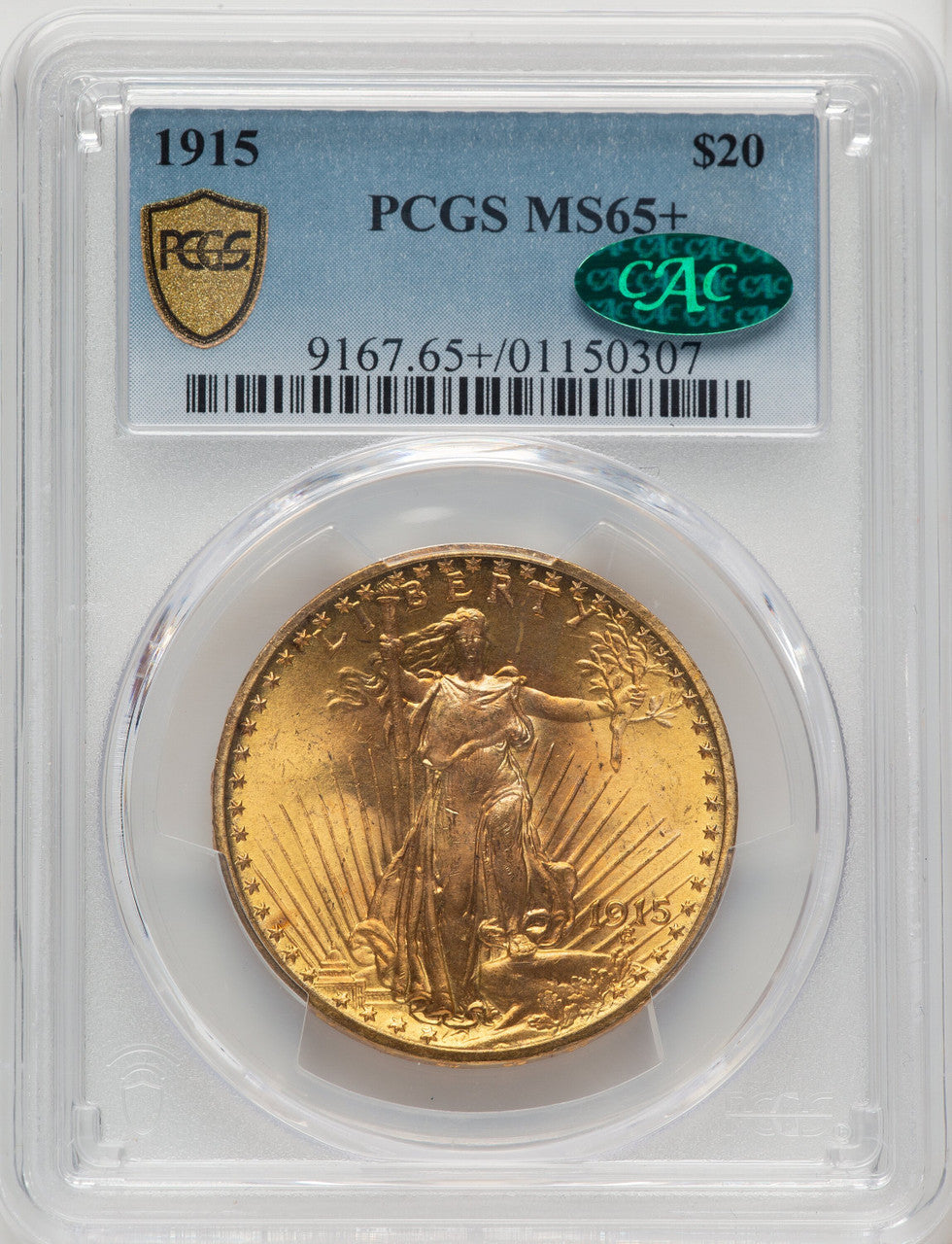 1915 $20 CAC Saint-Gaudens Double Eagle PCGS MS65+