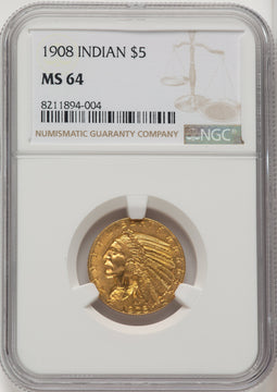 1908 $5 Indian Indian Half Eagle NGC MS64 (772080007)