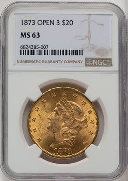 1873 $20 OPEN 3 Liberty Double Eagle NGC MS63