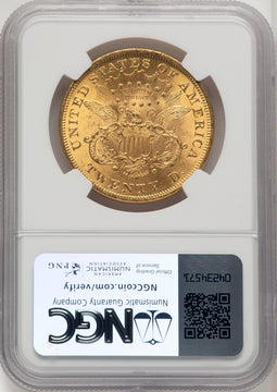 1873 $20 OPEN 3 Liberty Double Eagle NGC MS63