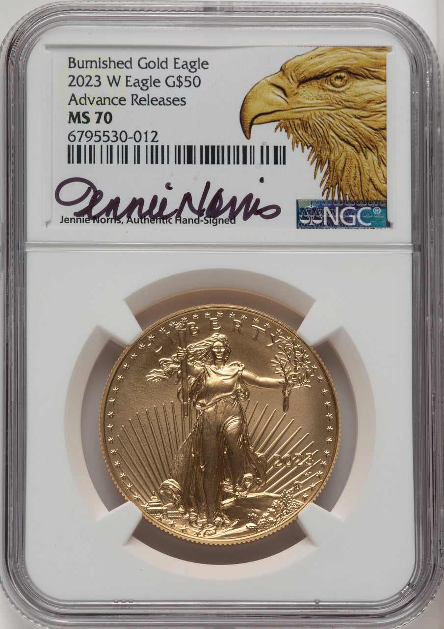 2023-W One-Ounce Gold Eagle Burnished First Strike NGC MS70 Jennie Norris