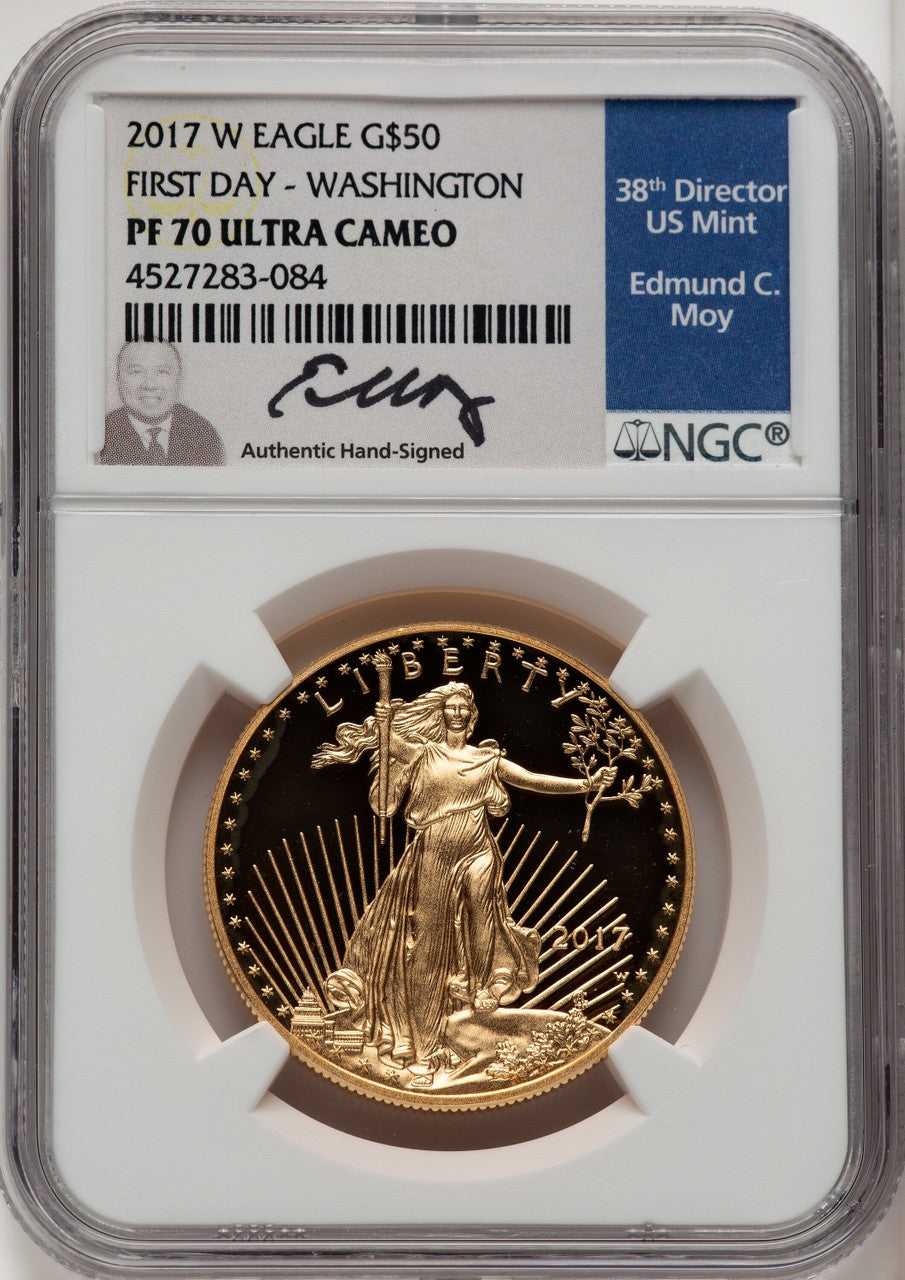 2017-W $50 One-Ounce Gold Eagle First Day of Issue Washington FDI Ed Moy NGC PF70
