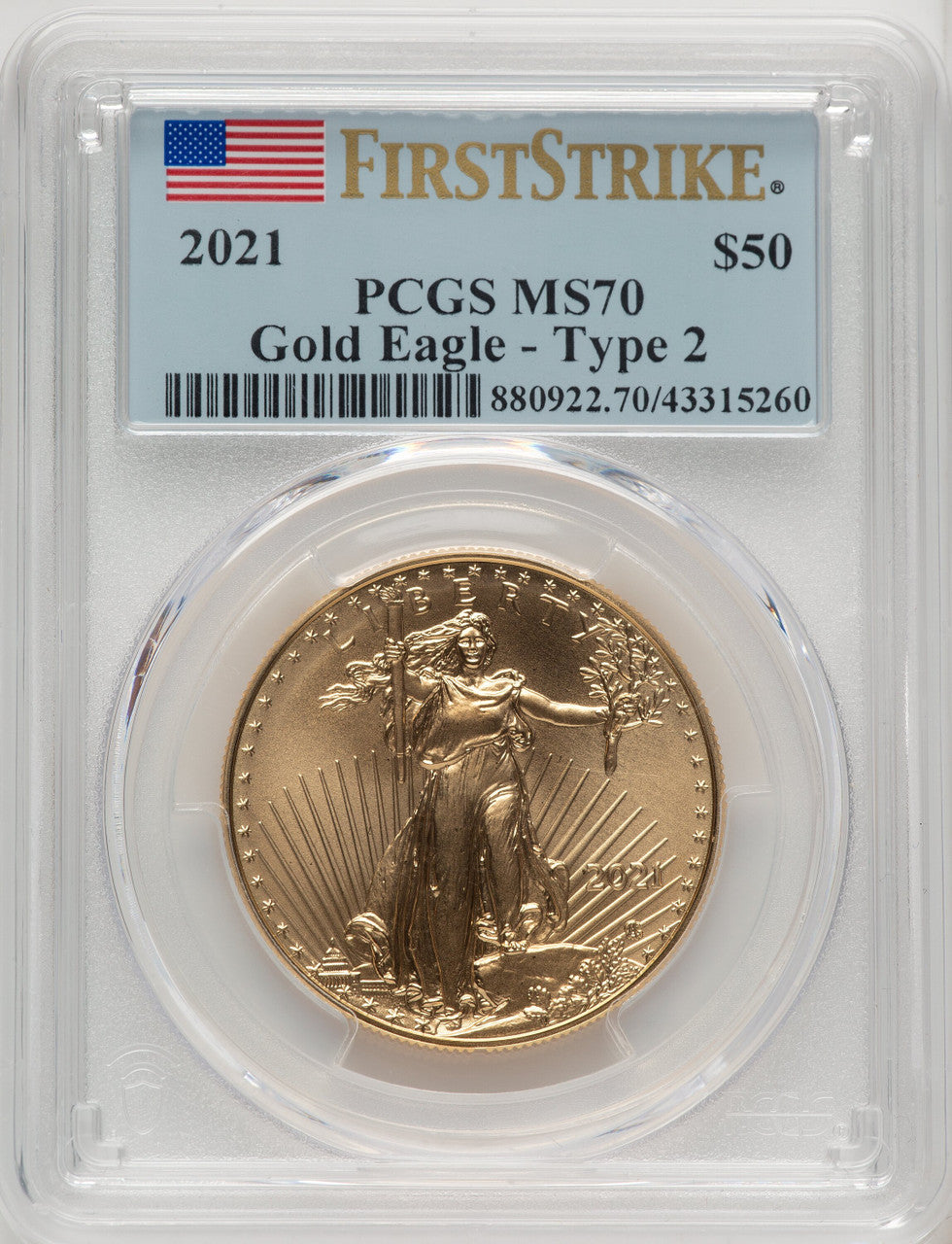 2021 One-Ounce Gold Eagle Type Two First Strike FS Flag PCGS MS70