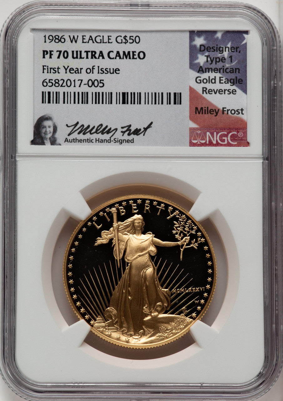 1986-W $50 One-Ounce Gold Eagle NGC PF70 Miley Frost