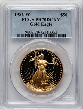 1986-W $50 One-Ounce Gold Eagle Blue Gradient PCGS PR70