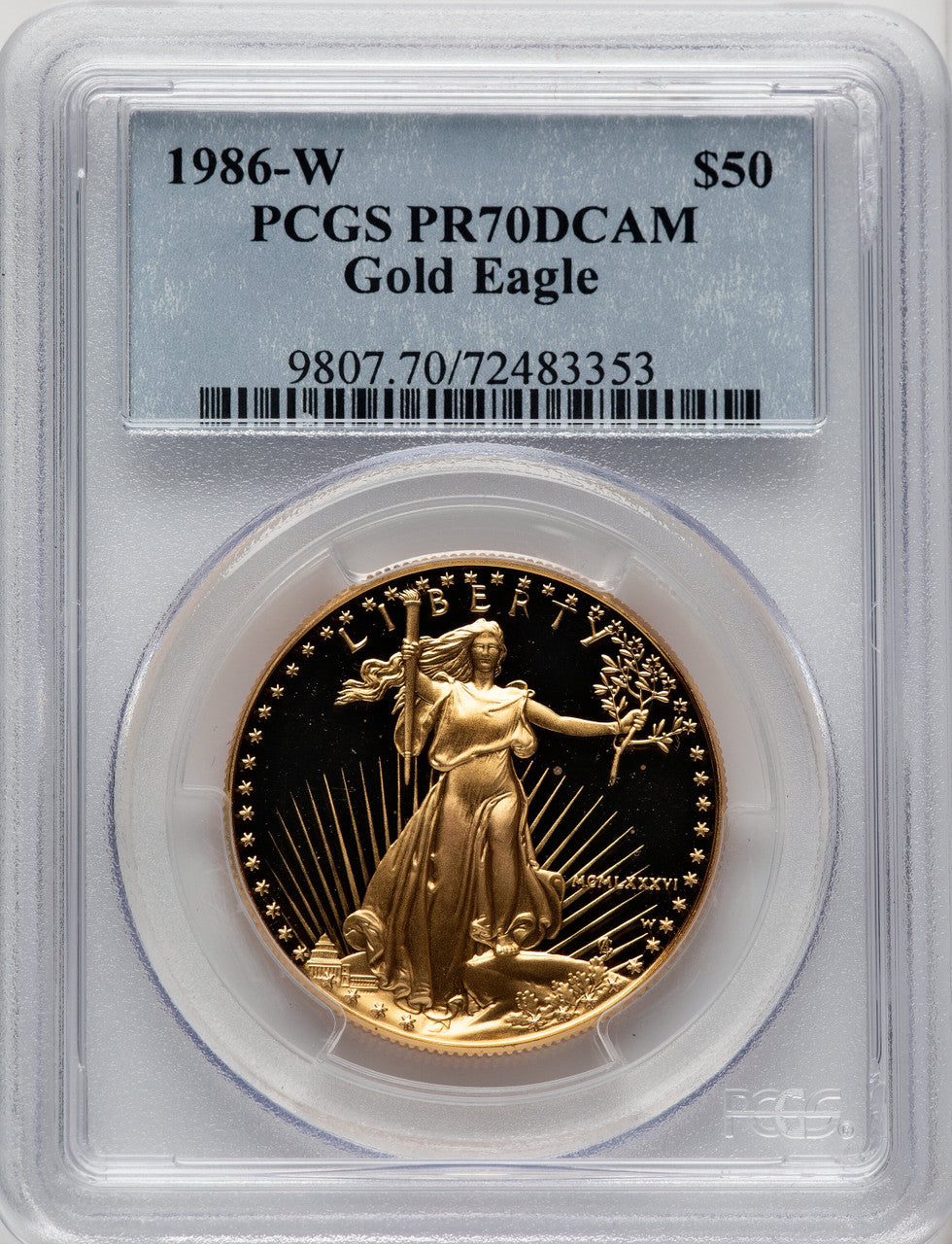 1986-W $50 One-Ounce Gold Eagle Blue Gradient PCGS PR70