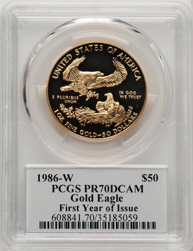 1986-W $50 One-Ounce Gold Eagle Mercanti Signature John Mercanti PCGS PR70