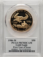 1986-W $50 One-Ounce Gold Eagle Mercanti Signature John Mercanti PCGS PR70
