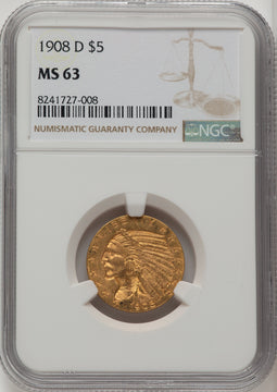 1908-D $5 Indian Half Eagle NGC MS63 (772297003)