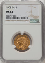 1908-D $5 Indian Half Eagle NGC MS63 (772297003)