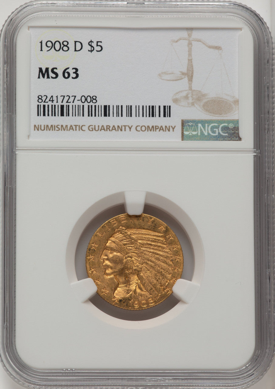 1908-D $5 Indian Half Eagle NGC MS63 (772297003)