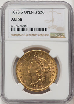 1873-S $20 OPEN 3 Liberty Double Eagle NGC AU58 (771041016)