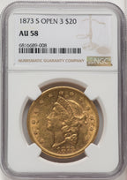 1873-S $20 OPEN 3 Liberty Double Eagle NGC AU58 (771041016)