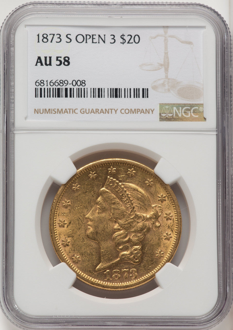 1873-S $20 OPEN 3 Liberty Double Eagle NGC AU58 (771041016)