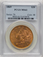 1869 $20 Liberty Double Eagle PCGS MS61