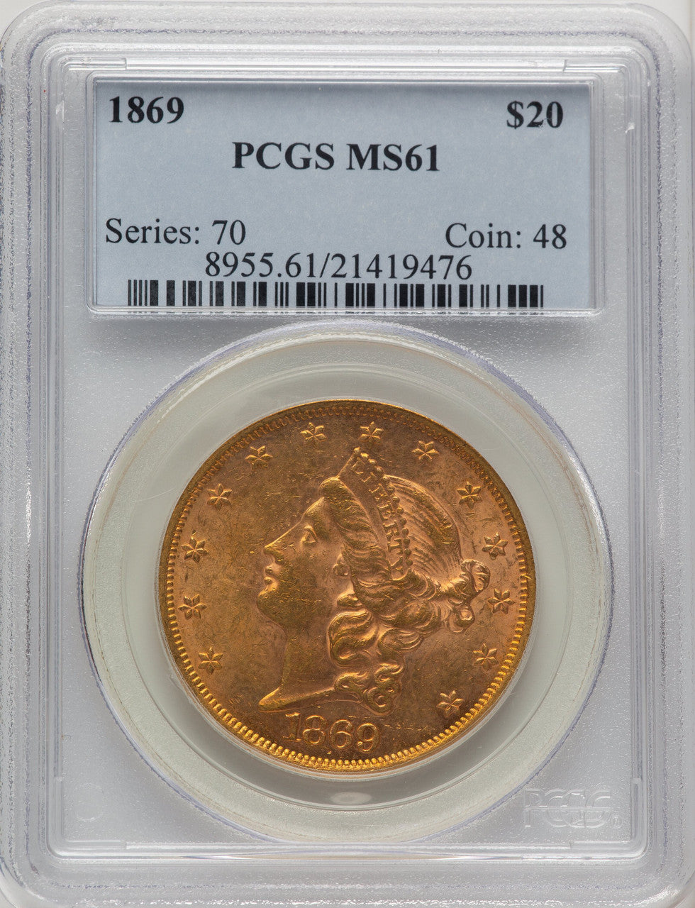1869 $20 Liberty Double Eagle PCGS MS61