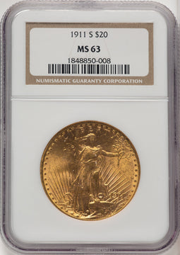 1911-S $20 Saint-Gaudens Double Eagle NGC MS63