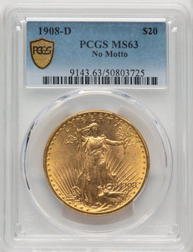 1908-D $20 NO MOTTO Saint-Gaudens Double Eagle PCGS MS63 (773273005)