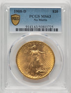 1908-D $20 NO MOTTO Saint-Gaudens Double Eagle PCGS MS63 (773273005)