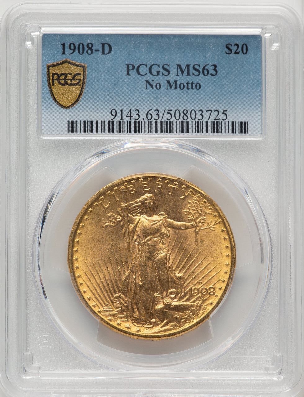 1908-D $20 NO MOTTO Saint-Gaudens Double Eagle PCGS MS63 (773273005)