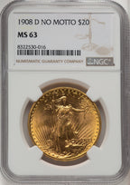 1908-D $20 NO MOTTO Saint-Gaudens Double Eagle NGC MS63 (572258059)