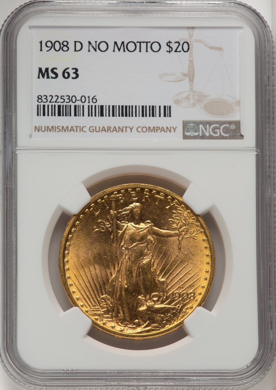 1908-D $20 NO MOTTO Saint-Gaudens Double Eagle NGC MS63 (572258059)
