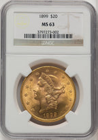 1899 $20 Brown Label Liberty Double Eagle NGC MS63