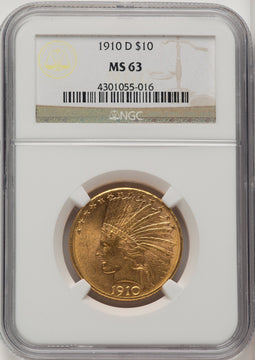 1910-D $10 Brown Label Indian Eagle NGC MS63