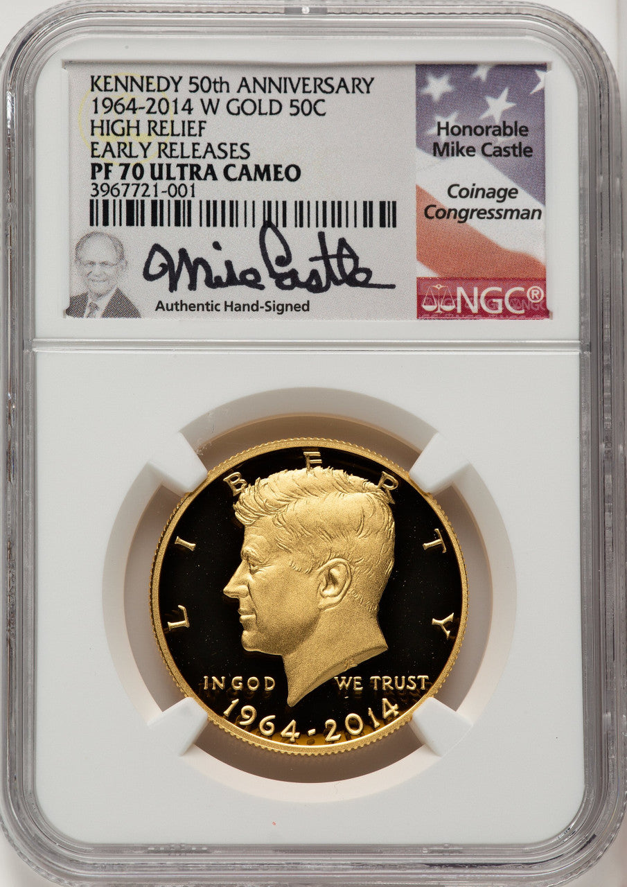 2014-W 50C Kennedy Gold 50th Anniversary First Strike ER Mike Castle Proof Kennedy Half Dollar NGC PR70