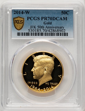 2014-W 50C Kennedy Gold 50th Anniversary Blue Gradient Proof Kennedy Half Dollar PCGS PR70 (773335001)