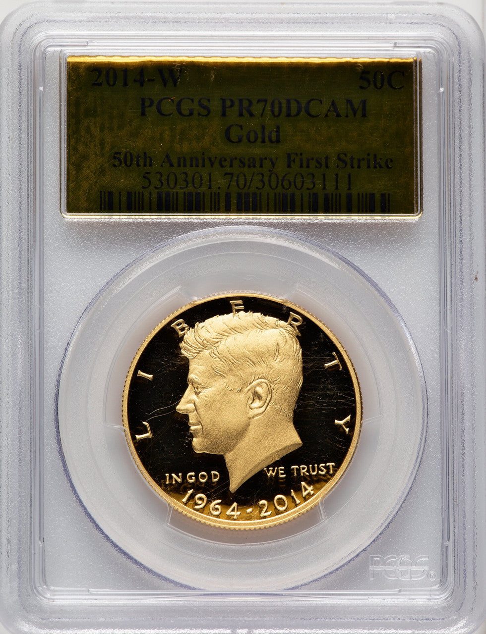 2014-W 50C Kennedy Gold 50th Anniversary First Strike FS Gold Foil Proof Kennedy Half Dollar PCGS PR70