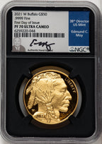 2021-W G$50 Gold BuffaloFirst Day of Issue DCAM FDI Ed Moy Blk Core NGC PF70