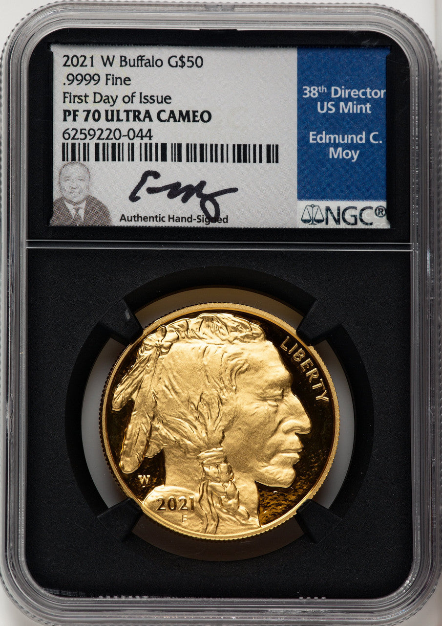 2021-W G$50 Gold BuffaloFirst Day of Issue DCAM FDI Ed Moy Blk Core NGC PF70